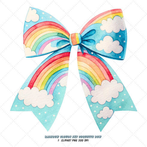 Rainbow Cloudy Sky Coquette Bow Clipart, rainbow cloudy bow, sky coquette bow, cheerful bow design, cloudy sky clipart, digital bow design, vibrant rainbow bow, sky bow art, rainbow cheerful design, coquette bow art, sky sublimation design, cover image.