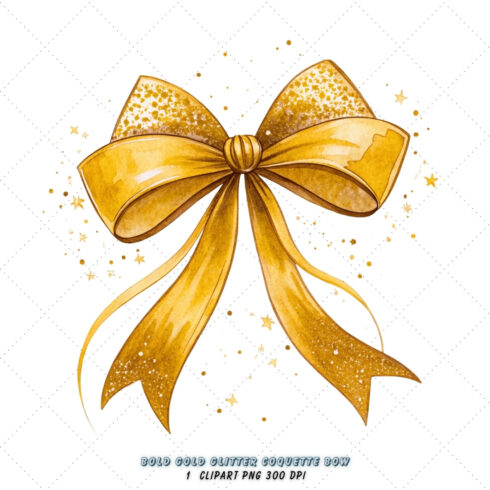 Bold Gold Glitter Coquette Bow Clipart, bold gold bow, glitter coquette bow, striking bow design, gold glitter clipart, digital bow design, dramatic bold bow, glitter bow art, bold glitter design, coquette bow art, gold sublimation design cover image.