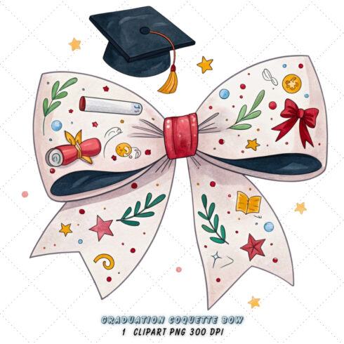 graduation cap bow, coquette bow clipart, diploma theme bow, cap design art, digital bow design, celebrate graduation bow, milestone bow art, graduation design clipart, coquette bow art, cap sublimation design cover image.