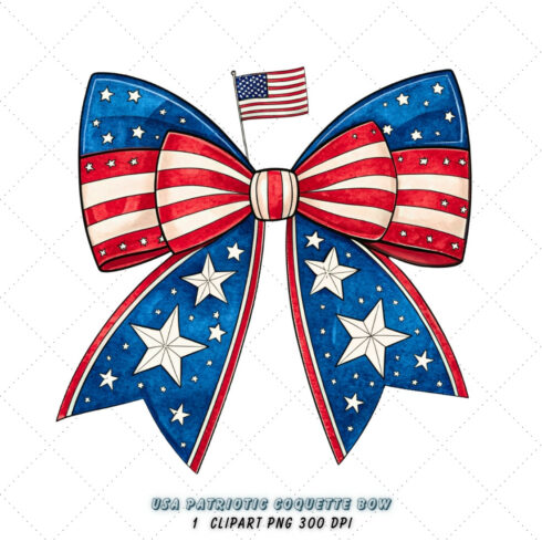 USA Patriotic Coquette Bow Clipart, USA patriotic bow, coquette bow clipart, flag theme bow, patriotic design art, digital bow design, stars and stripes, freedom bow art, USA flag design, coquette bow art, patriotic sublimation design cover image.