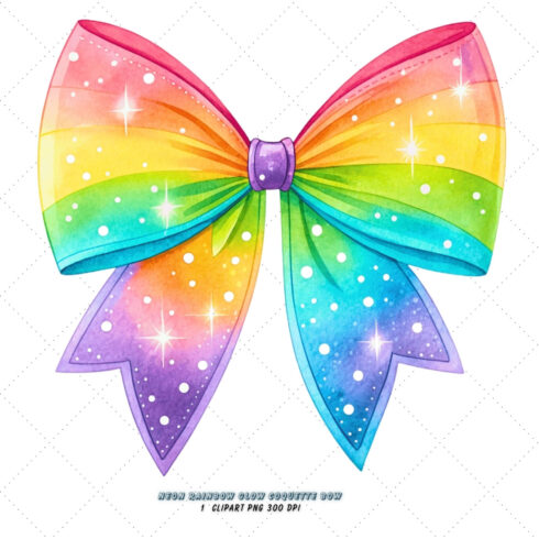 Neon Rainbow Glow Coquette Bow Clipart, neon rainbow bow, glowing coquette bow, vibrant bow design, rainbow glow clipart, digital bow design, neon glow design, glowing bow art, vibrant neon rainbow, coquette bow art, rainbow sublimation design cover image.