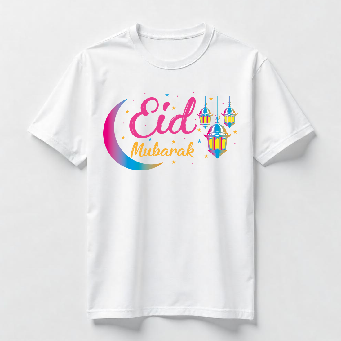 Colorful Eid Greetings with Moon and Lights T-Shirt Design Bundle cover image.