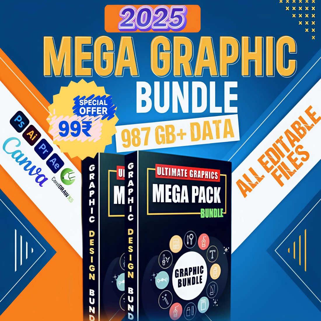 Mega Graphic Bundle 1000+ GB Graphic Bundle:+Canva template Resell bundle preview image.