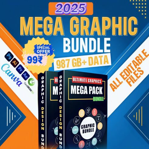 Mega Graphic Bundle 1000+ GB Graphic Bundle:+Canva template Resell bundle cover image.