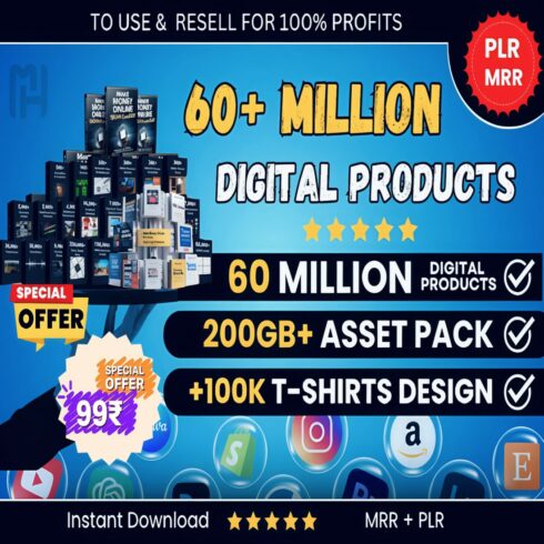 60 Million+ Digital Products Bundle | Passive Income | PLR & MRR |Resell,100% Profits Mega Digital Products Bundle cover image.