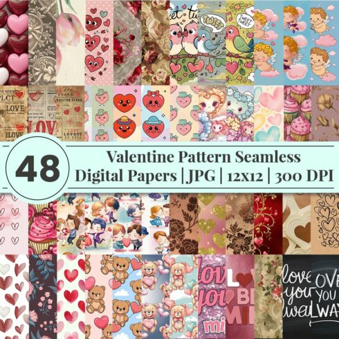 Valentine Digital Paper Pack - 48 Seamless Love Heart Backgrounds, 12x12in 300 DPI JPG, Scrapbooking Crafts Invitations, Instant Download cover image.