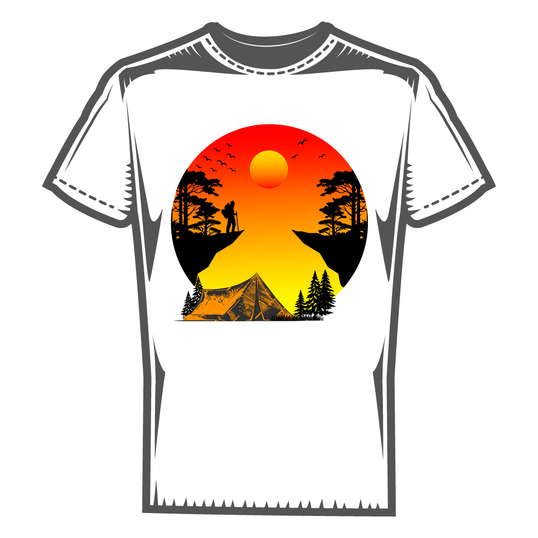 Summer sunset vintage camping t-shirt design preview image.