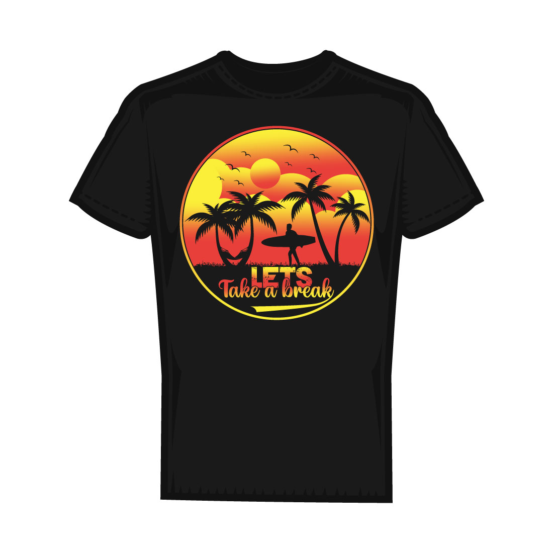 Vintage surfing summer sunset t-shirt design preview image.