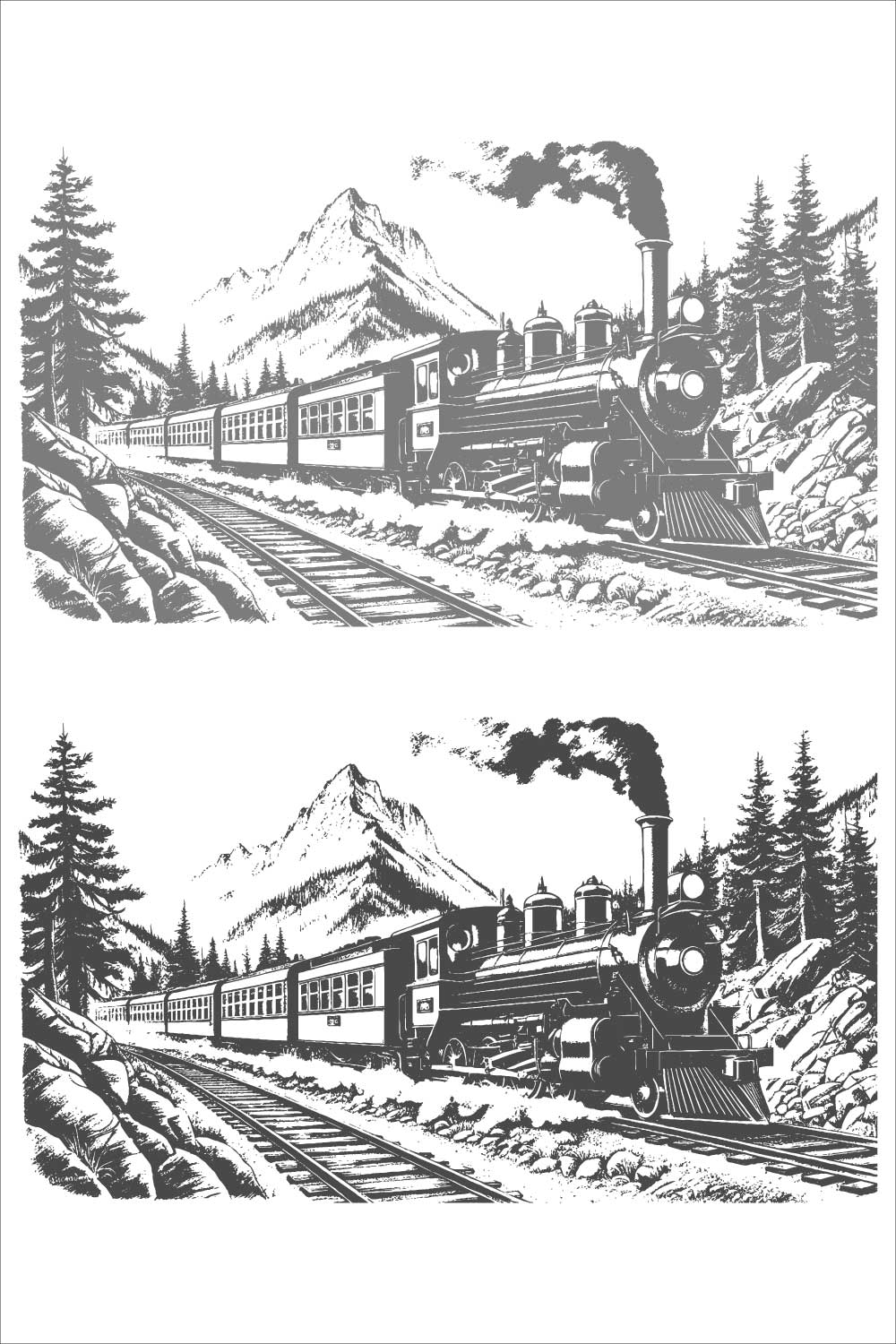 Vintage train journey through the mountains hand sketch design pinterest preview image.