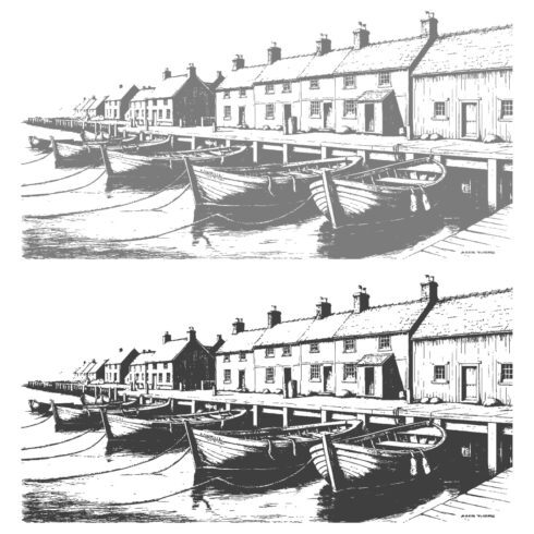 Historic coastal village with fishing boats docked along the pier hand-drawn illustration cover image.