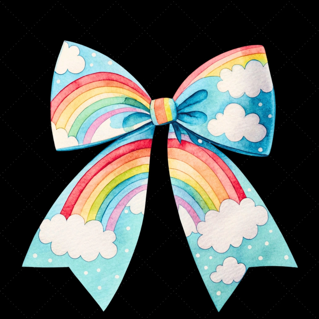 Rainbow Cloudy Sky Coquette Bow Clipart, rainbow cloudy bow, sky coquette bow, cheerful bow design, cloudy sky clipart, digital bow design, vibrant rainbow bow, sky bow art, rainbow cheerful design, coquette bow art, sky sublimation design, preview image.