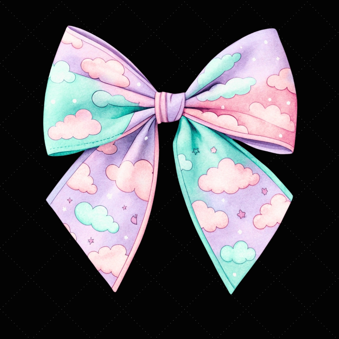 Pastel Cloudy Sky Coquette Bow Clipart, pastel cloudy bow, sky coquette bow, whimsical bow design, cloudy sky clipart, digital bow design, delicate pastel bow, sky bow art, pastel whimsical design, coquette bow art, sky sublimation design preview image.