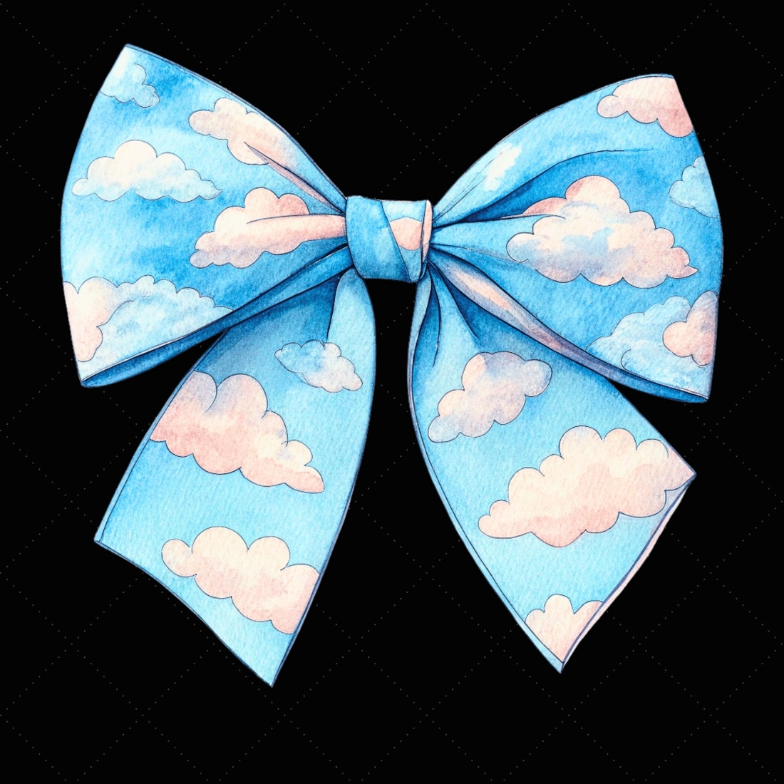 Watercolor Cloudy Sky Coquette Bow Clipart, watercolor cloudy bow, sky coquette bow, artistic bow design, cloudy sky clipart, digital bow design, blended watercolor bow, sky bow art, watercolor artistic design, coquette bow art, sky sublimation design preview image.