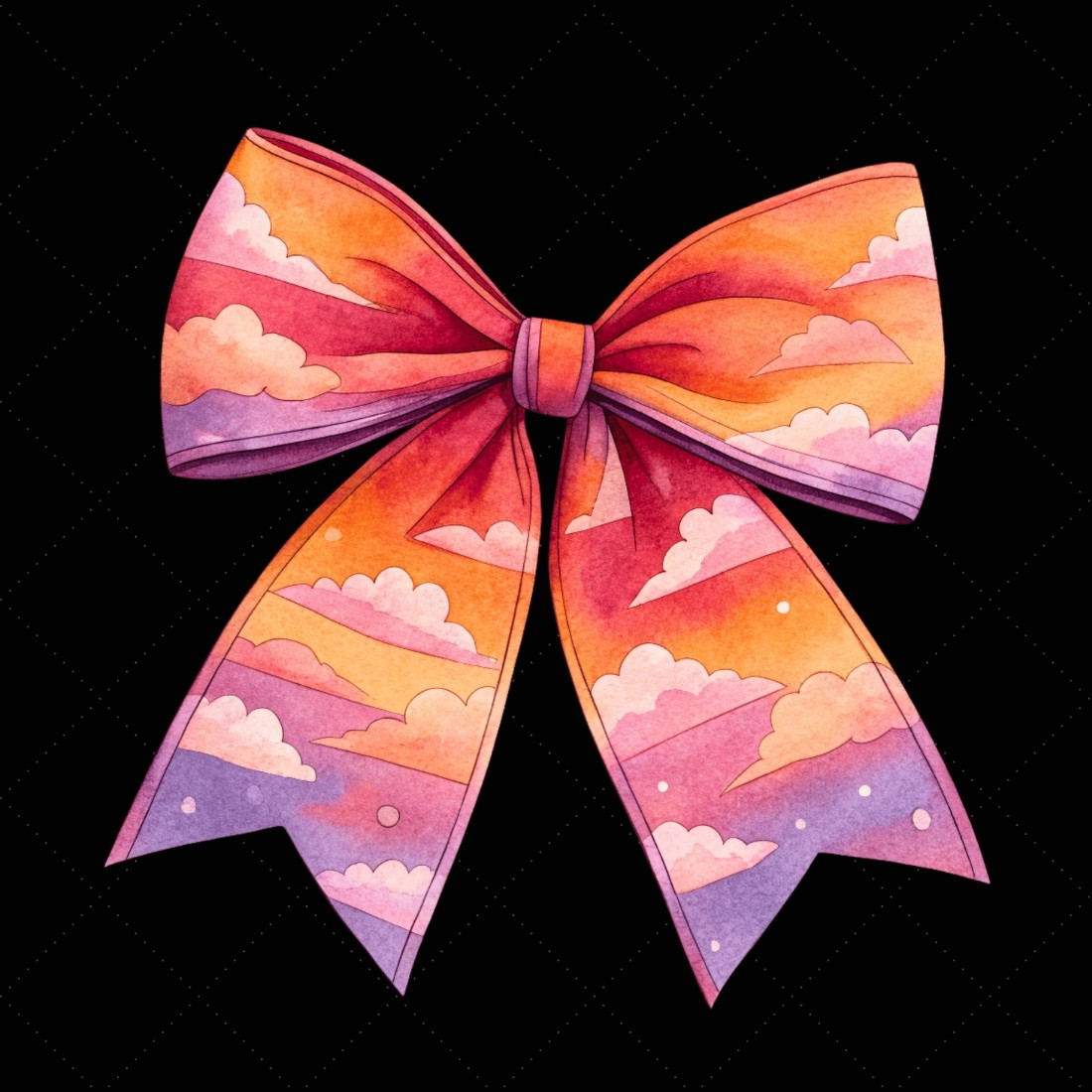 Sunset Cloudy Sky Coquette Bow Clipart, sunset cloudy bow, sky coquette bow, warm bow design, cloudy sky clipart, digital bow design, vibrant sunset bow, sky bow art, sunset warm design, coquette bow art, sky sublimation design, preview image.