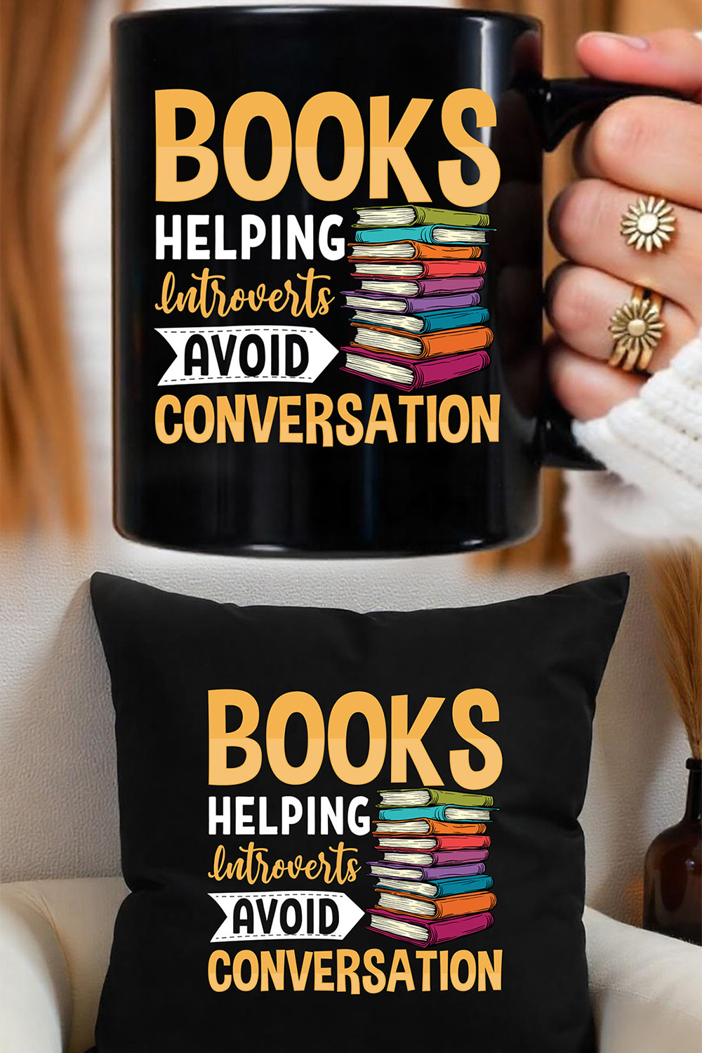 Books helping introverts avoid conversation Graphic for books lover pinterest preview image.