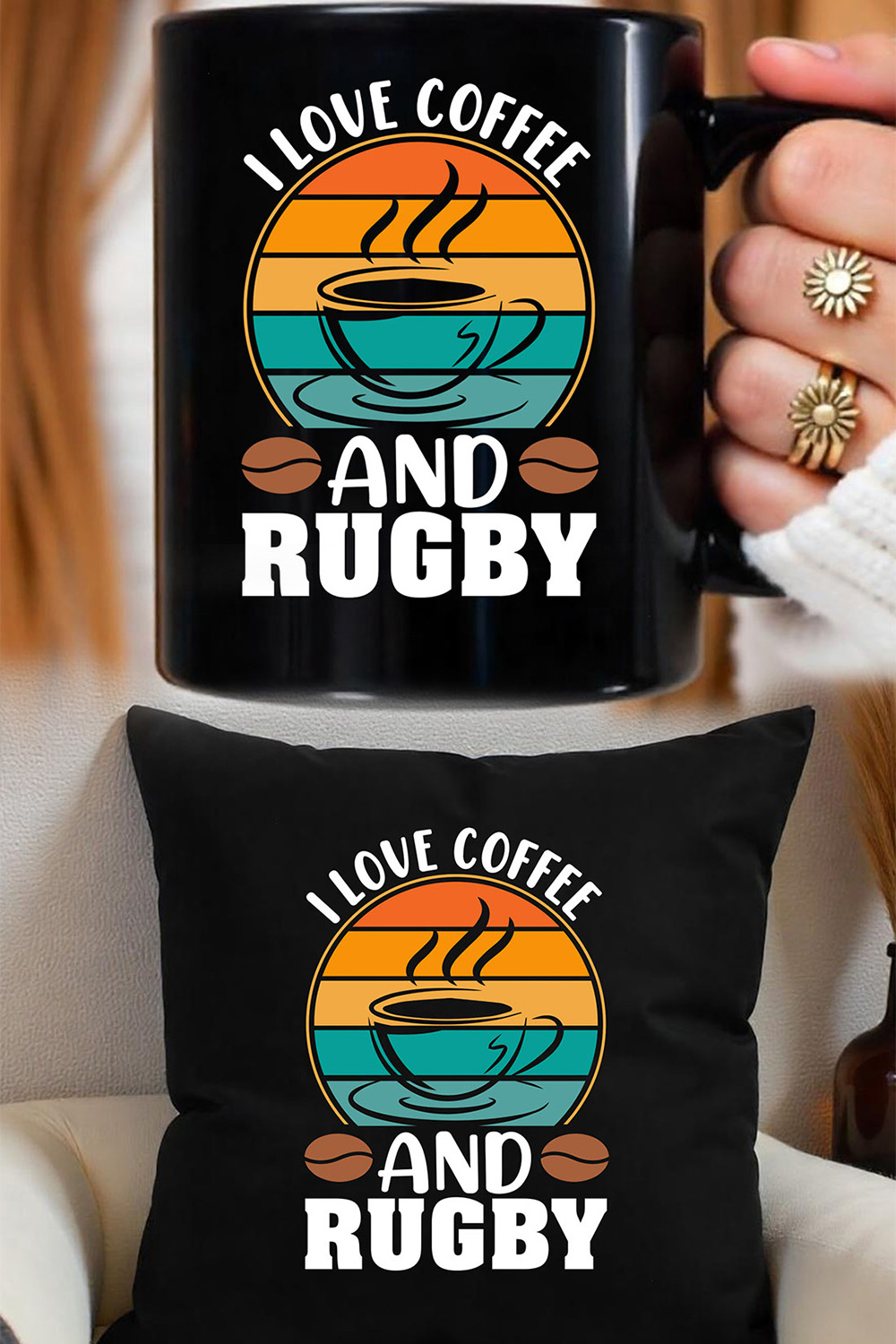 I love coffee and rugby graphic for coffee lover pinterest preview image.