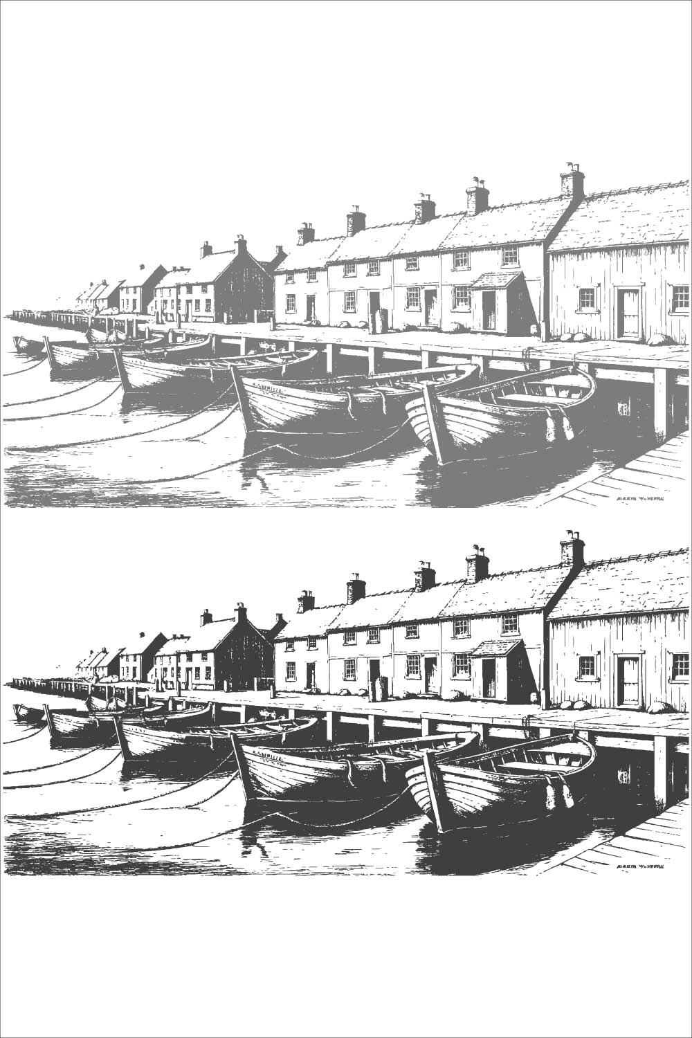 Historic coastal village with fishing boats docked along the pier hand-drawn illustration pinterest preview image.