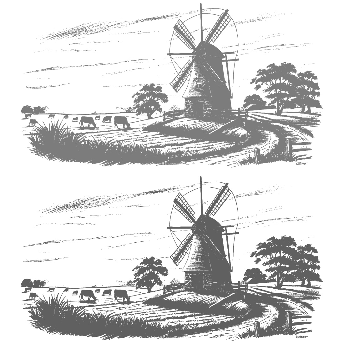 Windmill and Farms in a Rural Landscape Hand-draewn preview image.