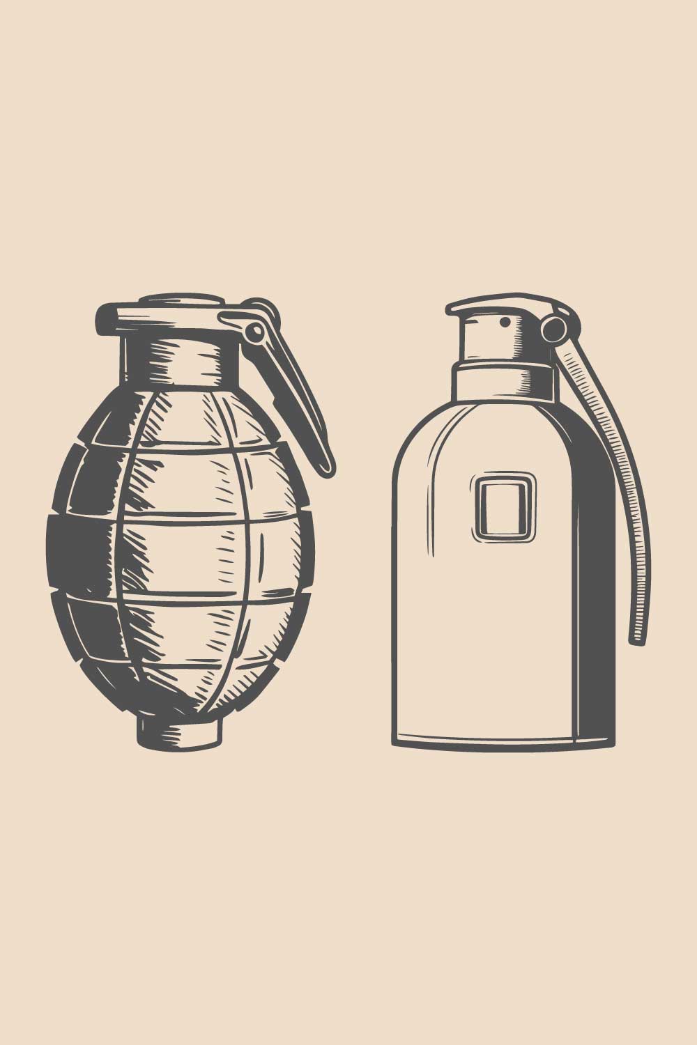 Illustration of two hand grenades, a symbol of military conflict and danger pinterest preview image.