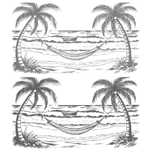 Relaxing Hammock Between Palm Trees on a Tropical Beach Scene Landscape Hand-drawn cover image.