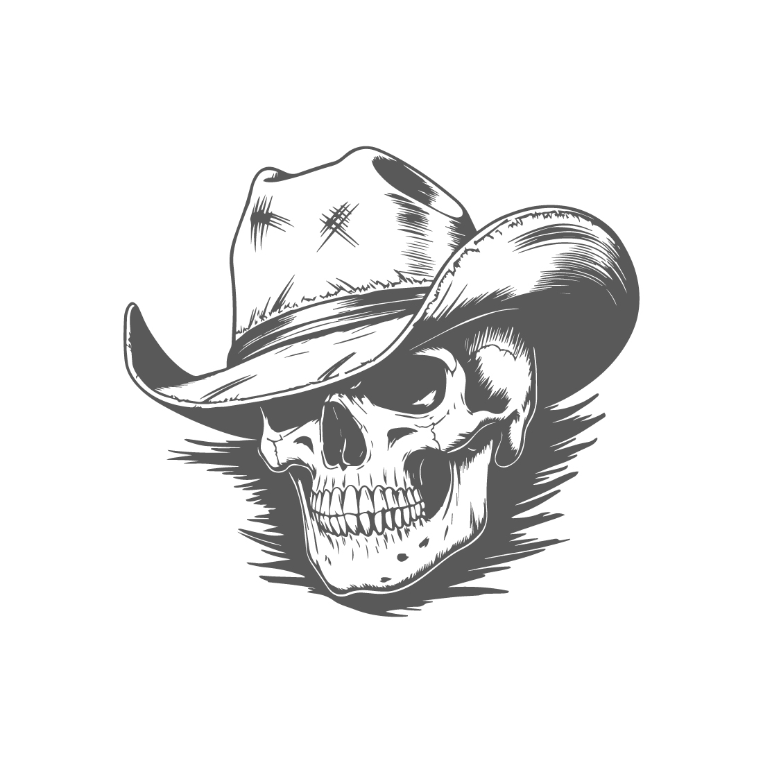 Skull wearing a cowboy hat design illustration preview image.