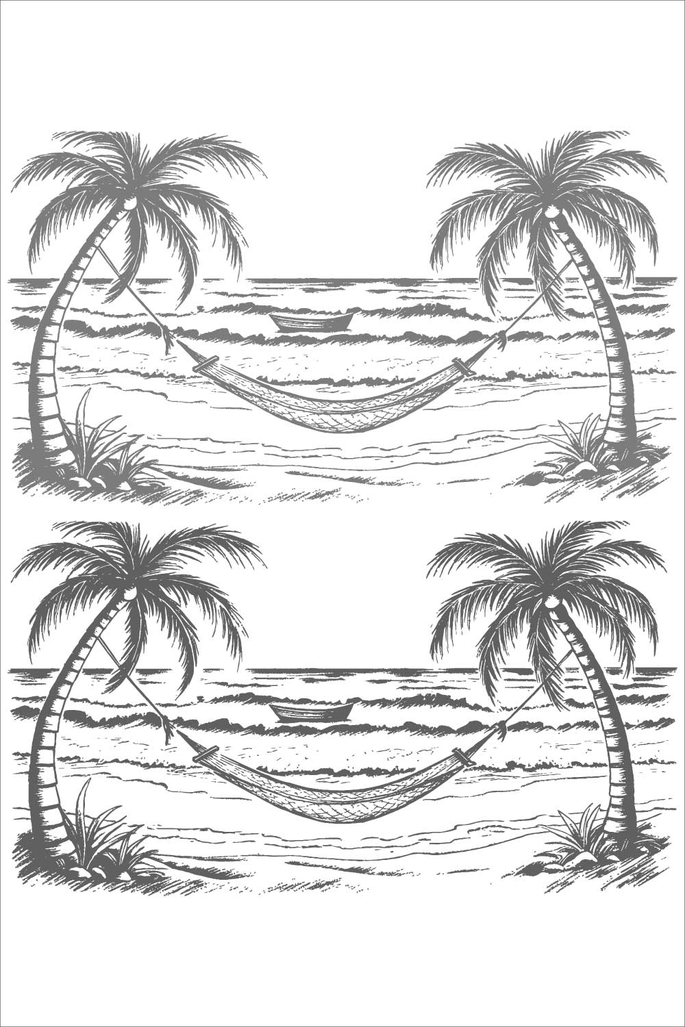 Relaxing Hammock Between Palm Trees on a Tropical Beach Scene Landscape Hand-drawn pinterest preview image.