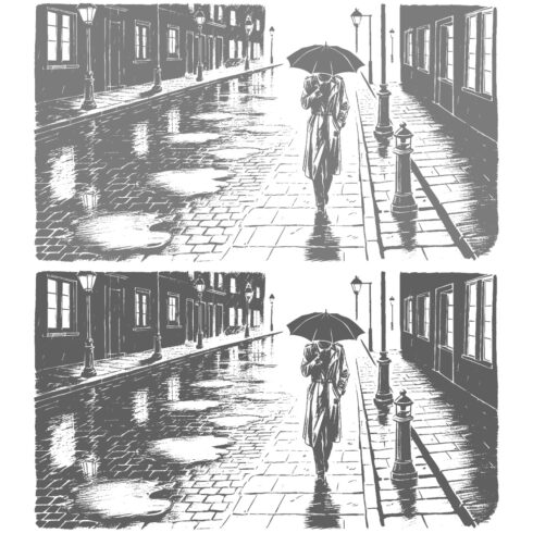 Girl in the street after rain with an umbrella hand sketch illustration cover image.