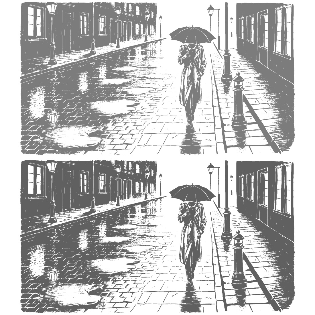 Girl in the street after rain with an umbrella hand sketch illustration preview image.