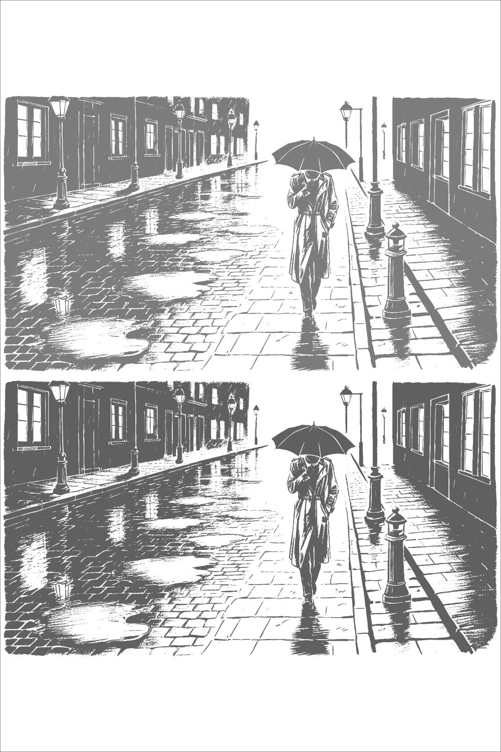 Girl in the street after rain with an umbrella hand sketch illustration pinterest preview image.