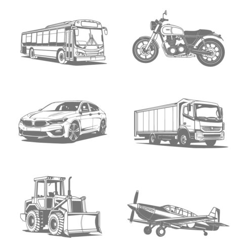 Collection of various transportation including bus, motorcycle, car, truck, bulldozer, and airplane cover image.