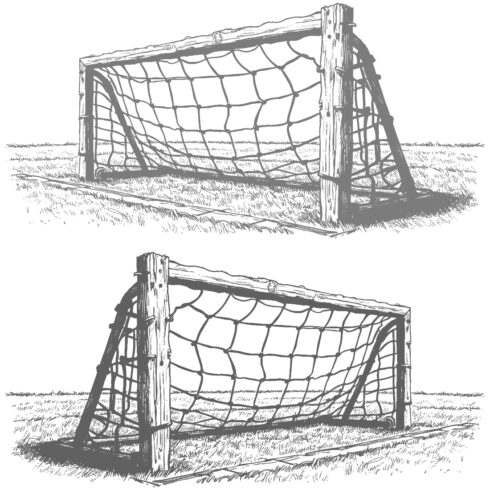 Soccer Goal on a Field A Black and White Sketch Football goalpost hand-drawn illustration cover image.