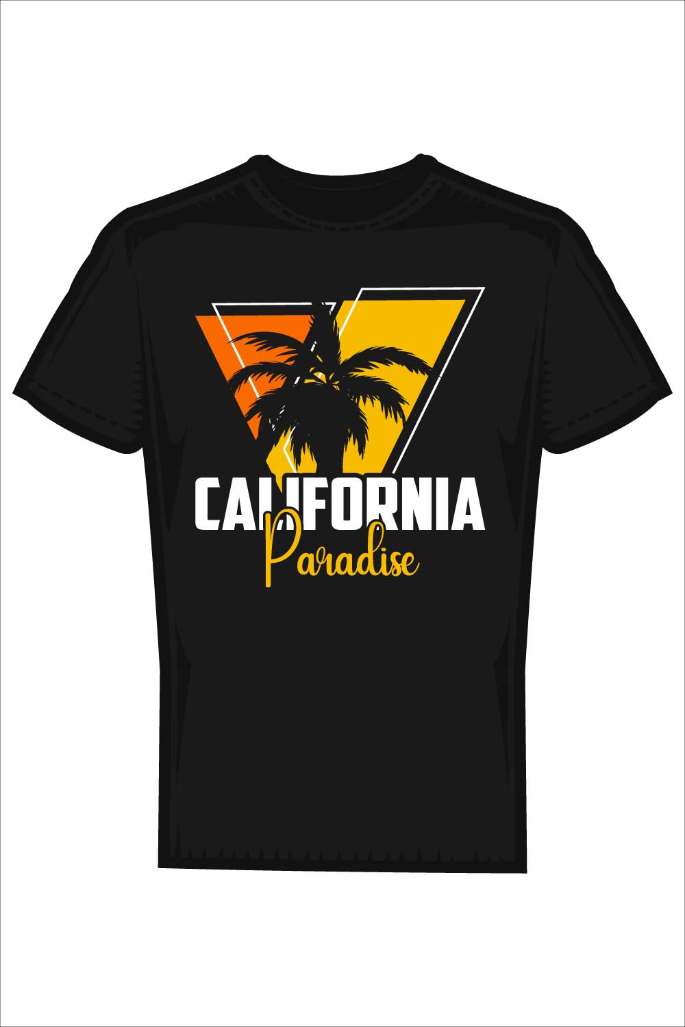 California Paradise T-Shirt Design – Retro Sunset Palm Tree Vector pinterest preview image.