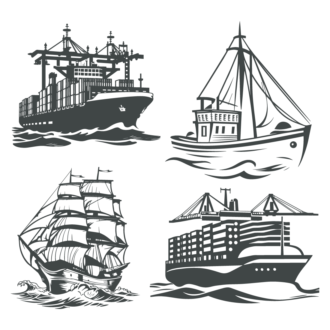 Ships and boats  Barge, cruise ship, shipping and fishing boat signs Black silhouette of marine vehicles illustration preview image.