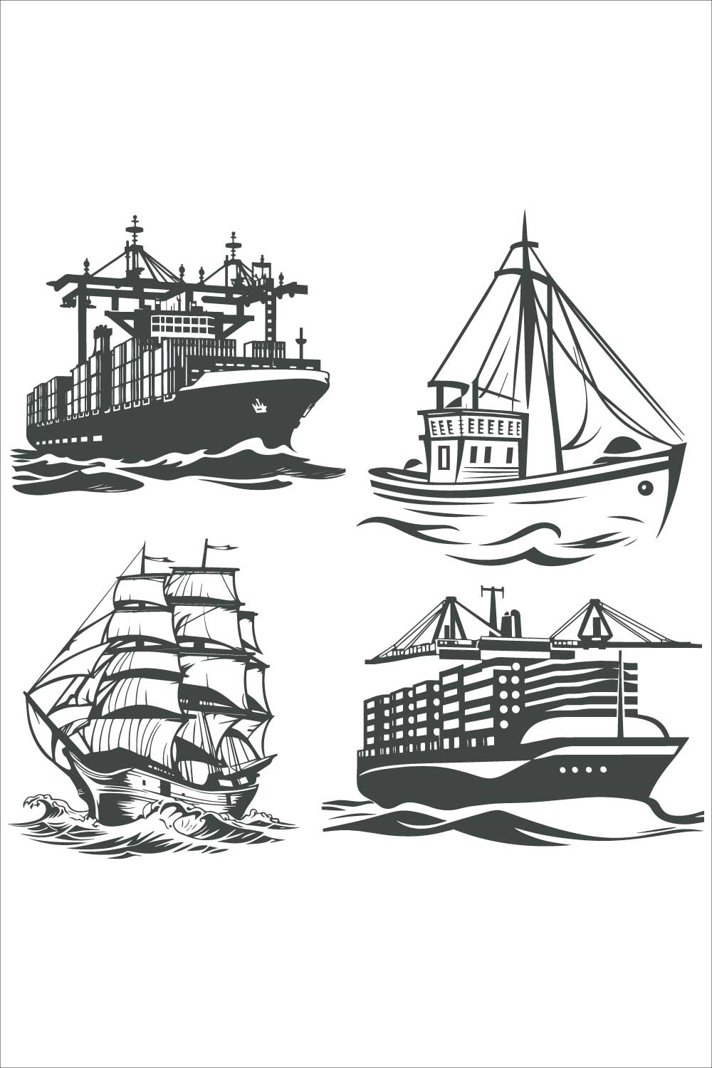 Ships and boats  Barge, cruise ship, shipping and fishing boat signs Black silhouette of marine vehicles illustration pinterest preview image.