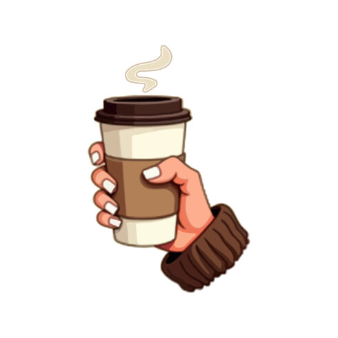 Hand holding disposable coffee cup symbol for coffee drink cafe product in cartoon realistic illustration isolated in white background cover image.