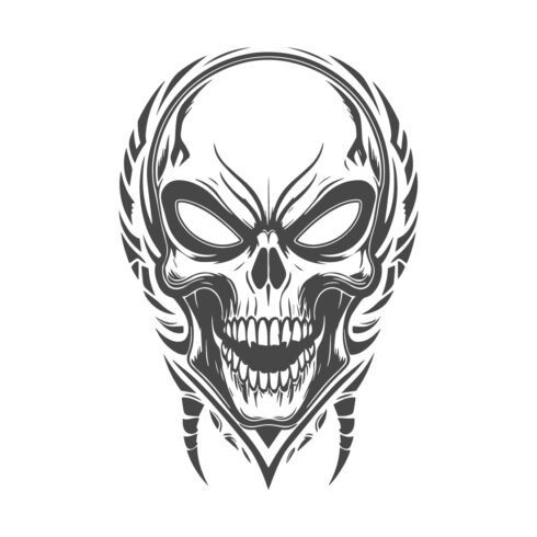 Monochrome Alien Skull Illustration Timeless Vintage Design cover image.