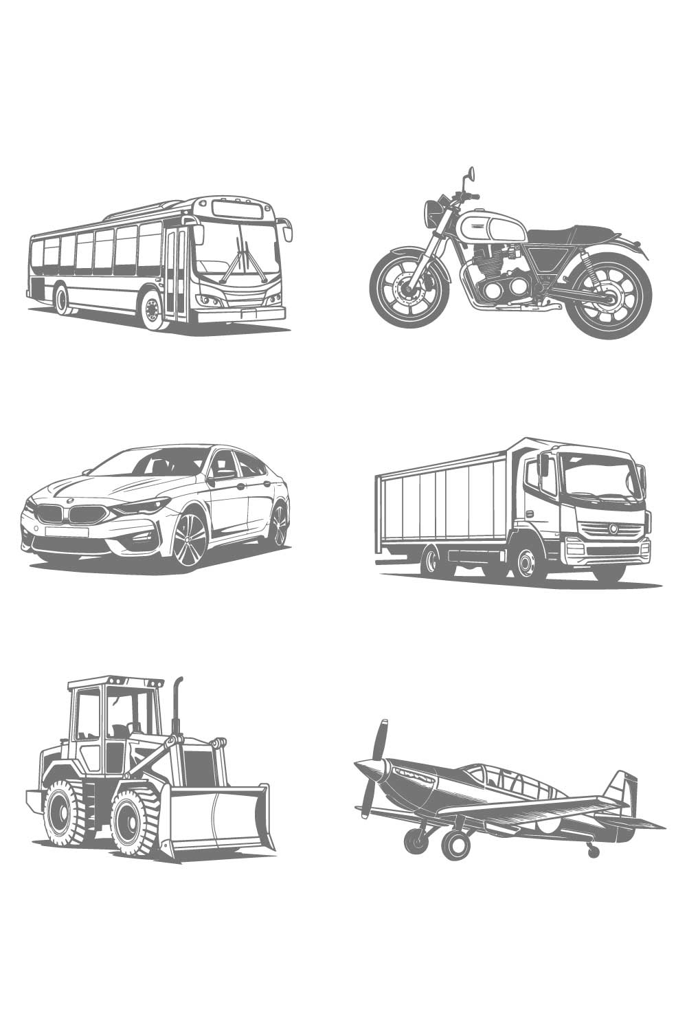 Collection of various transportation including bus, motorcycle, car, truck, bulldozer, and airplane pinterest preview image.