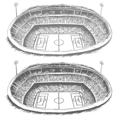 An illustration of a soccer stadium top-down view with a crowd and a field hand sketch cover image.