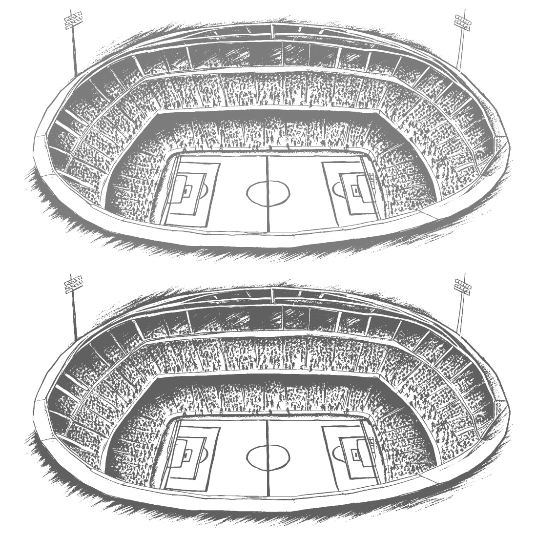 An illustration of a soccer stadium top-down view with a crowd and a field hand sketch cover image.