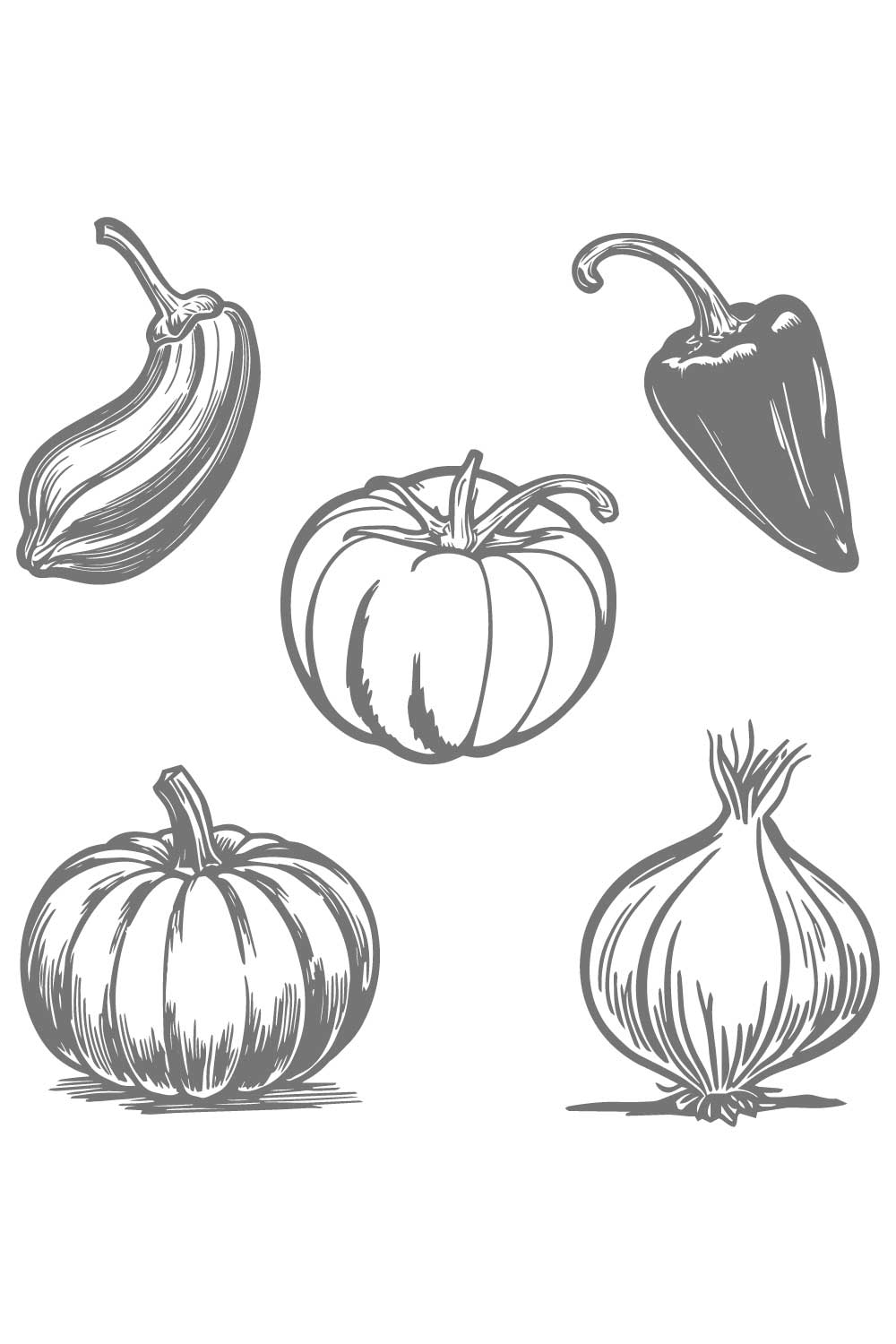 Collection of vegetables including a tomato, peppers, pumpkin, and onion on a white background pinterest preview image.