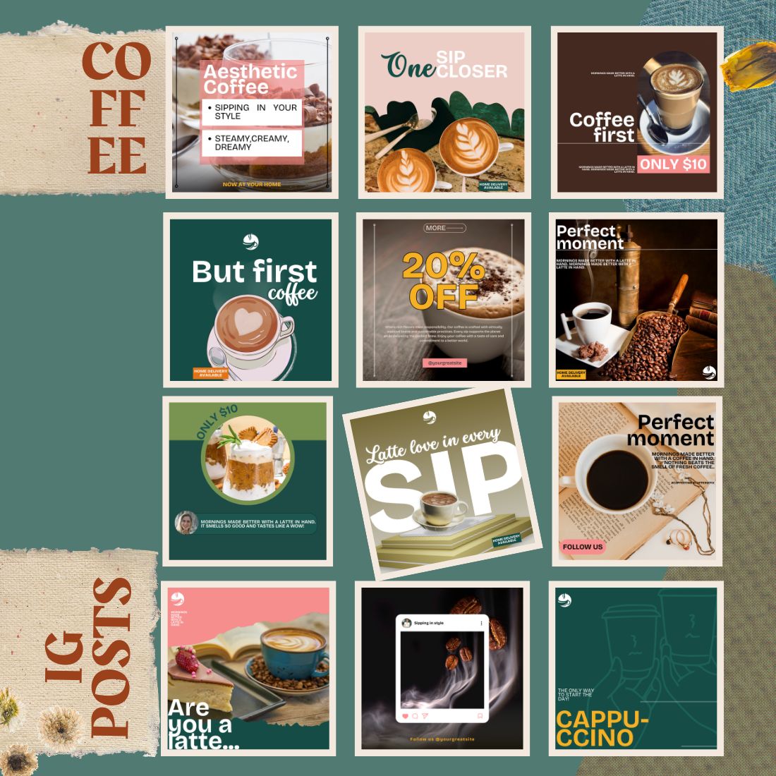 Trendy coffee Instagram post templates-Canva preview image.