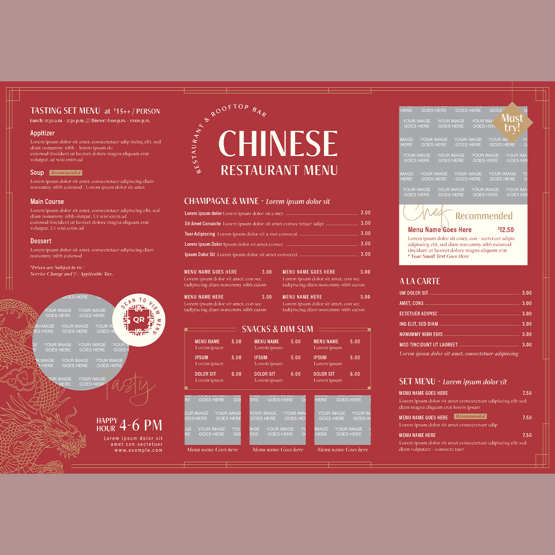 Premium Chinese Restaurant Menu Design in Red and Gold cover image.