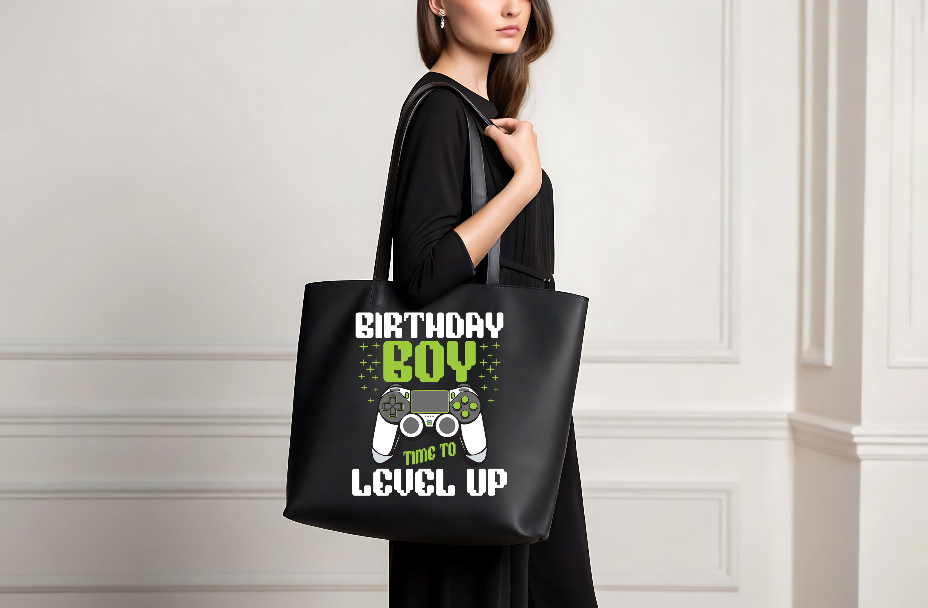 birthday boy time to level up in video game graphic design female black tote bag 913