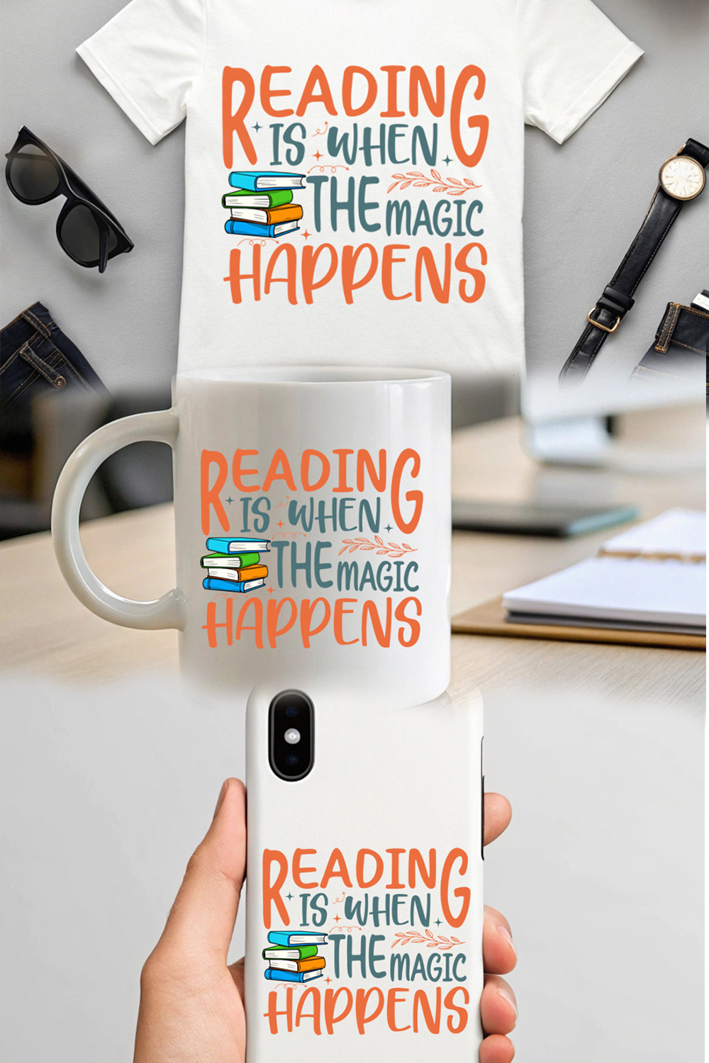 Reading Is When the Magic Happens – Colorful Book Lover Typography T-Shirts & Merchandise pinterest preview image.