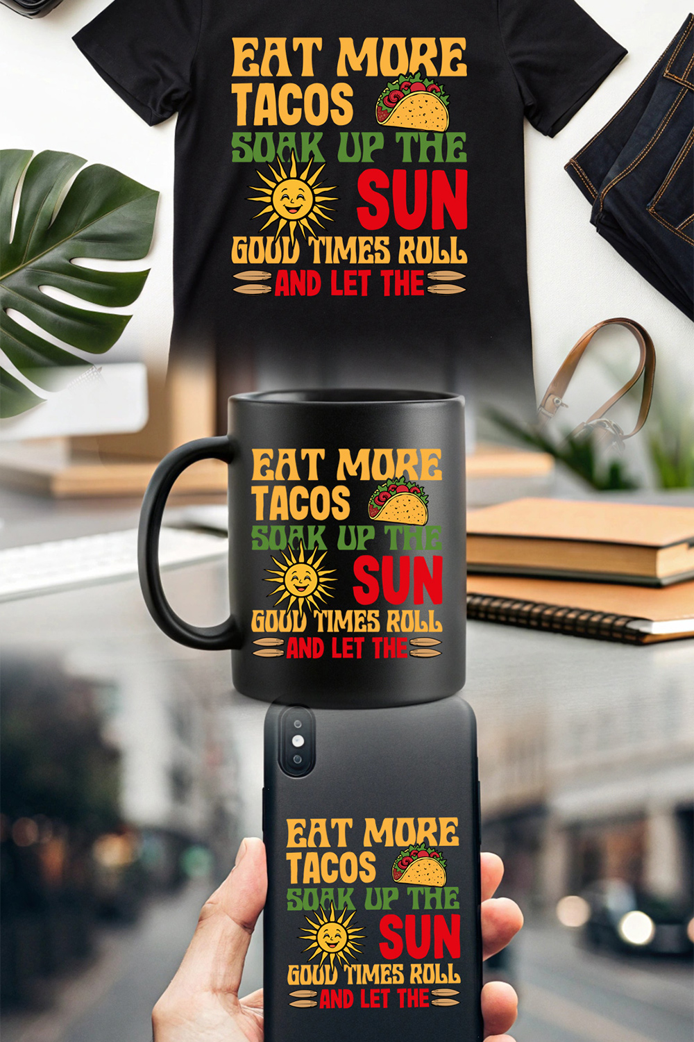 retro taco and sunshine graphic t-shirt design for summer vibes Summer beach t shirt design pinterest preview image.