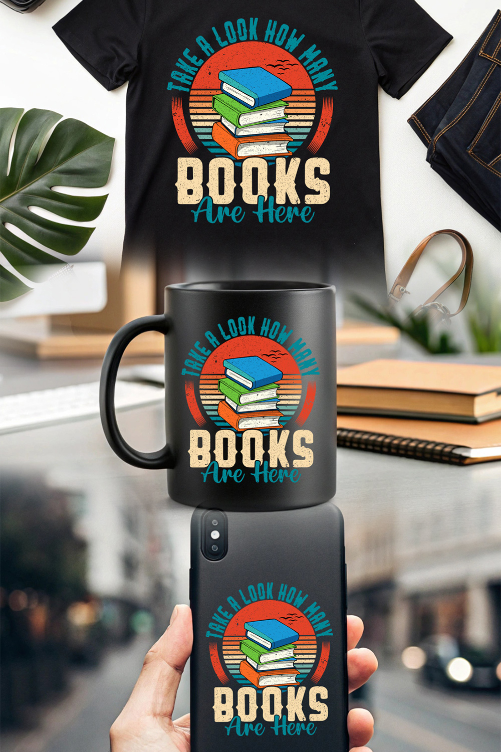 vintage book lover t-shirt design with retro sunset and stacked books illustration pinterest preview image.