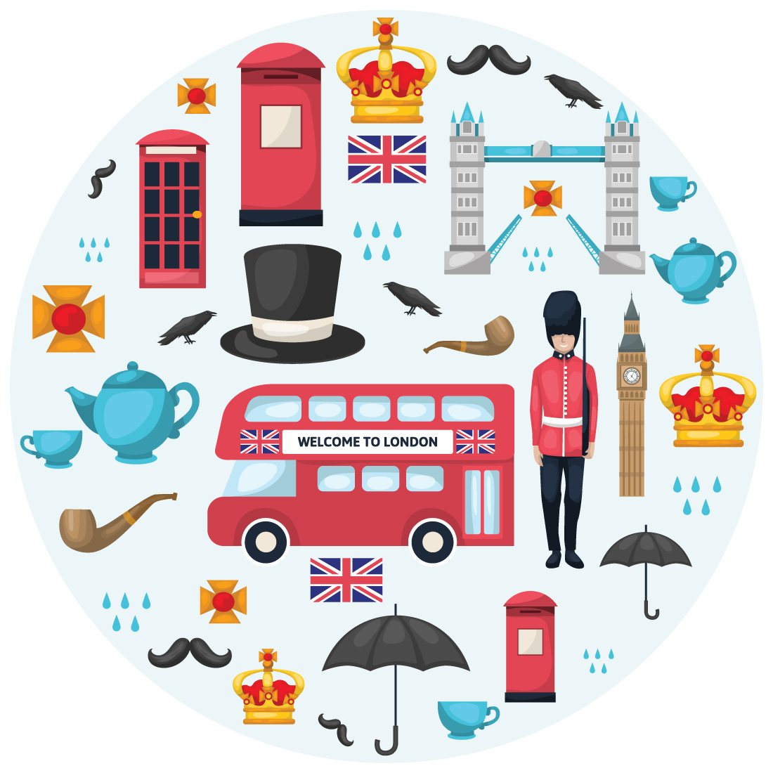 British heart composition with colored isolated icon set and shapes preview image.