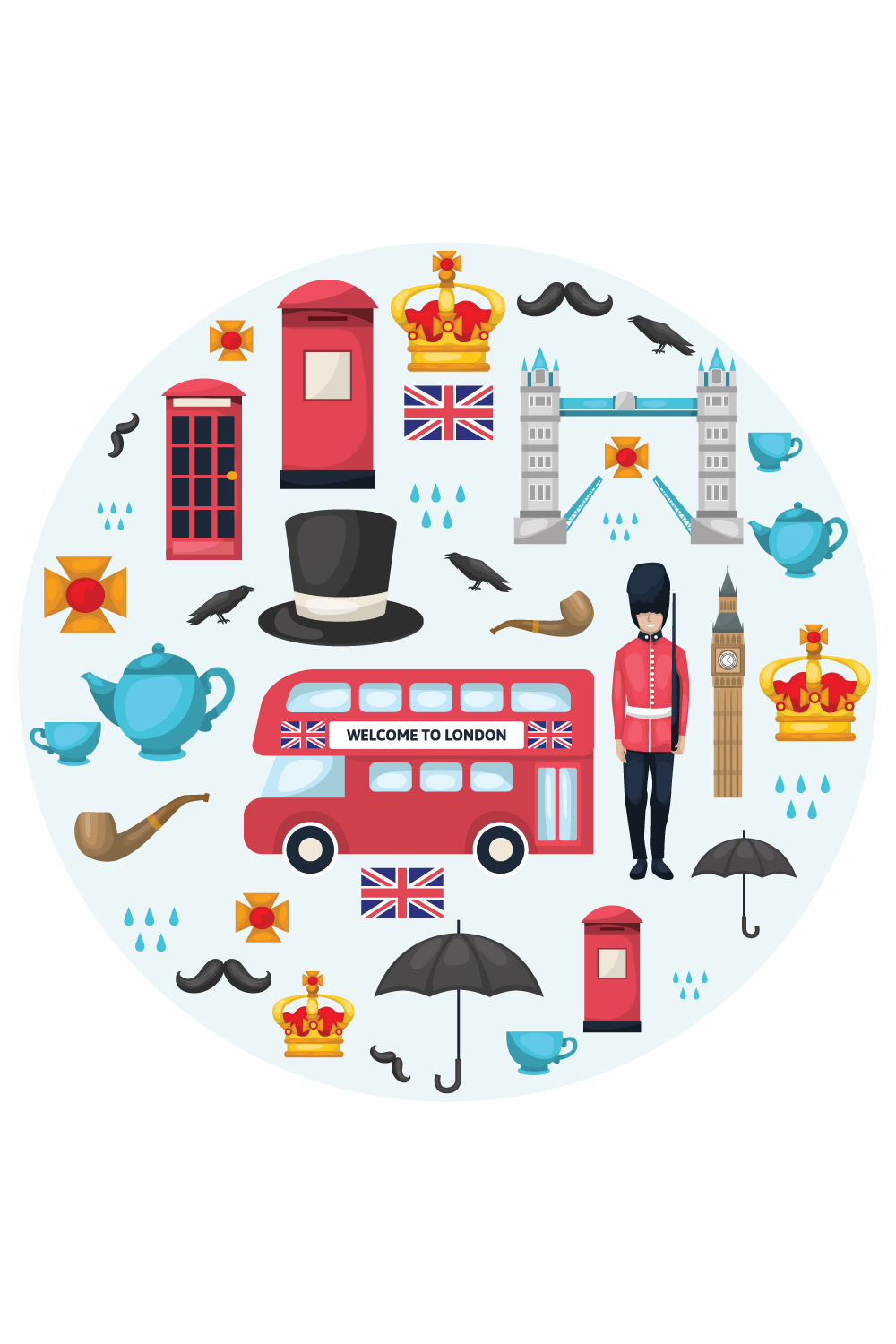 British heart composition with colored isolated icon set and shapes pinterest preview image.