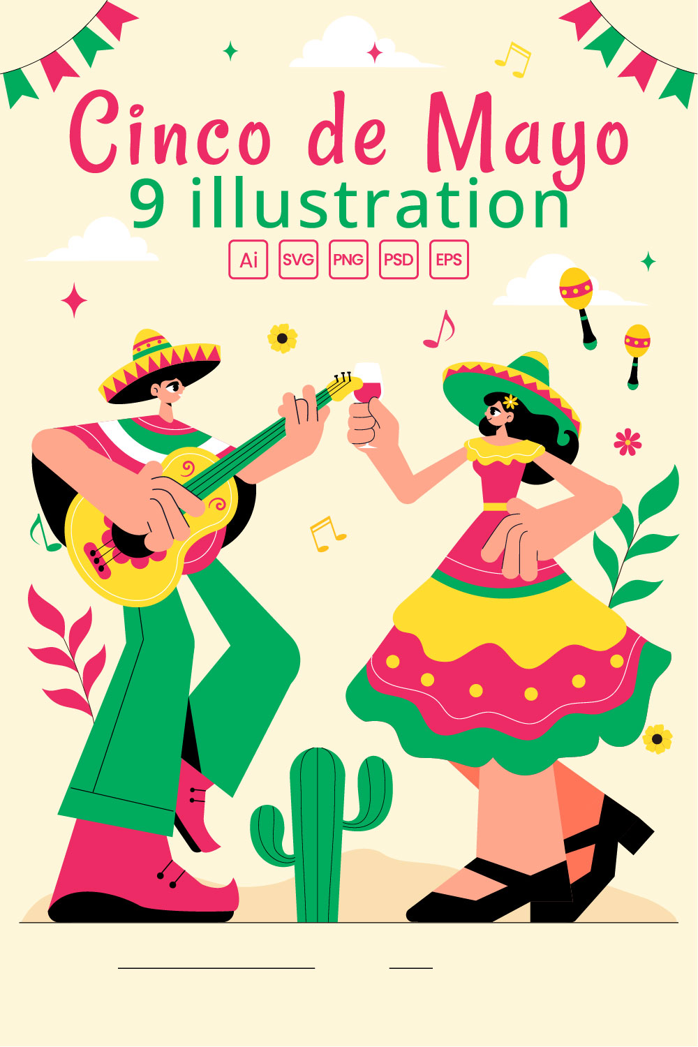 9 Cinco de Mayo Celebration Illustration pinterest preview image.