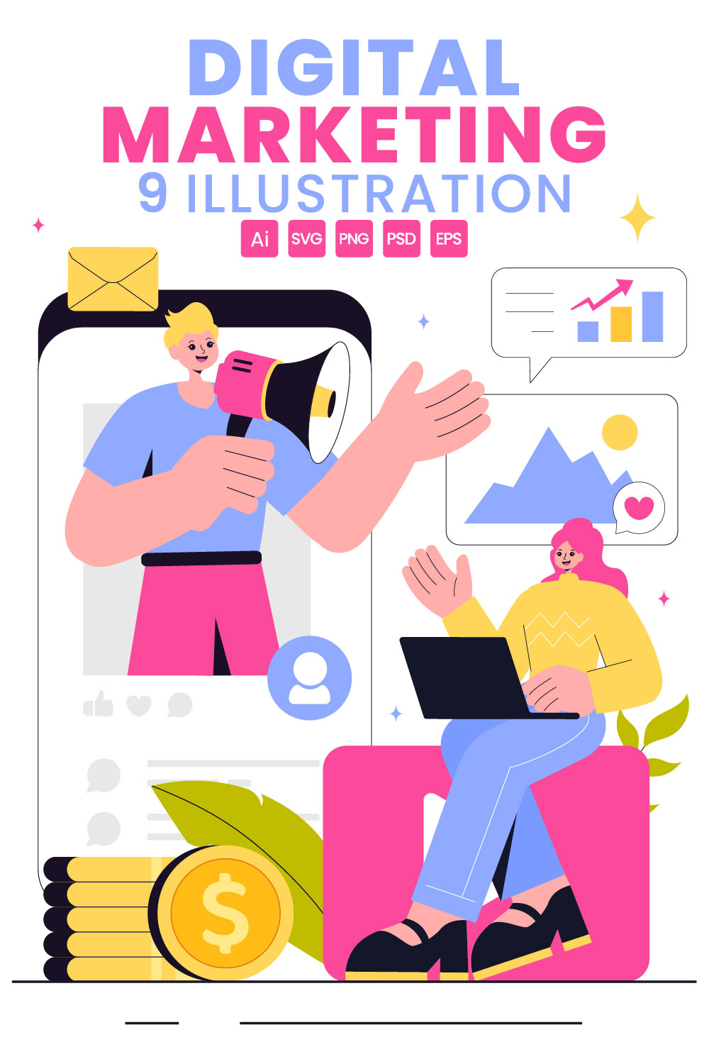 9 Digital Marketing Strategy Illustration pinterest preview image.